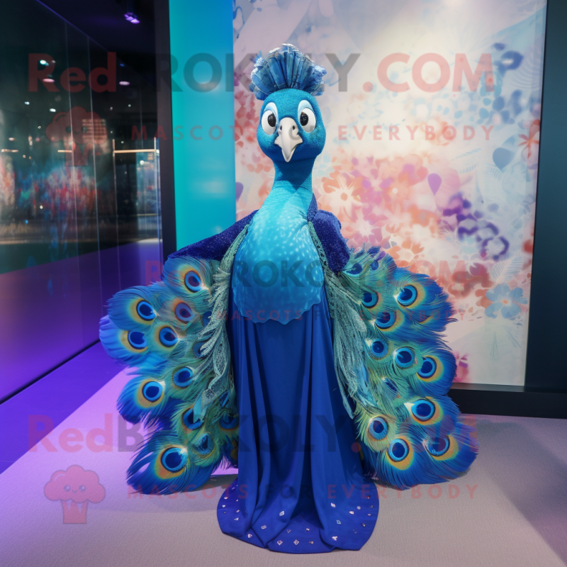 Blue Peacock mascot costume character dressed with a Mini Skirt and Shawls