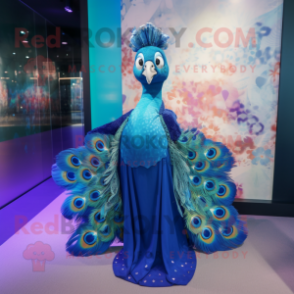 Blue Peacock mascot costume character dressed with a Mini Skirt and Shawls