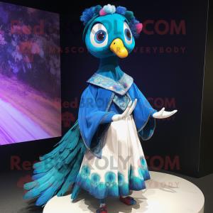 Blue Peacock mascot costume character dressed with a Mini Skirt and Shawls