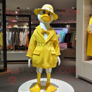 Lemon Yellow Geese mascot costume character dressed with a Swimwear and Hat pins