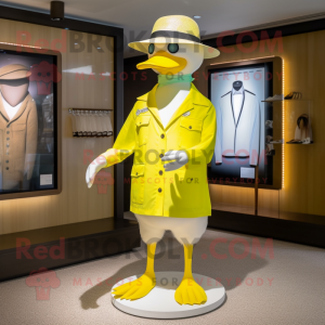 Lemon Yellow Geese mascot costume character dressed with a Swimwear and Hat pins