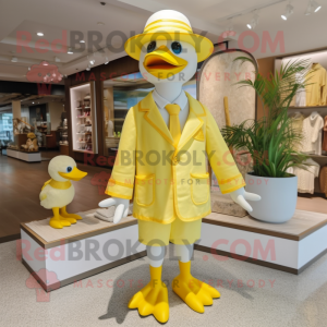 Lemon Yellow Geese mascot costume character dressed with a Swimwear and Hat pins