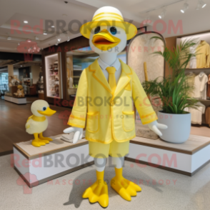 Lemon Yellow Geese mascot costume character dressed with a Swimwear and Hat pins