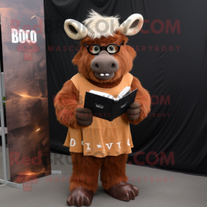 Rust Woolly Rhinoceros mascot costume character dressed with a Coat and Reading glasses