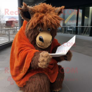 Rust Woolly Rhinoceros mascot costume character dressed with a Coat and Reading glasses