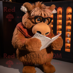 Rust Woolly Rhinoceros mascot costume character dressed with a Coat and Reading glasses
