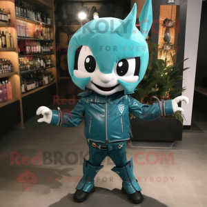 Teal Tooth Fairy mascot costume character dressed with a Moto Jacket and Ties