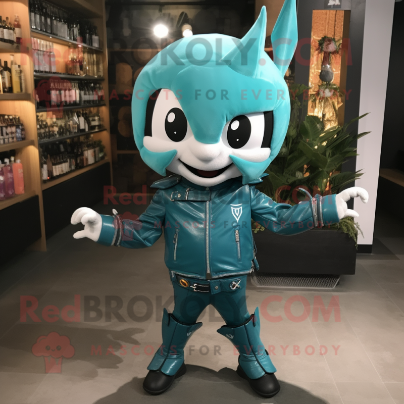 Teal Tooth Fairy mascot costume character dressed with a Moto Jacket and Ties Teal Tooth Fairy mascot costume character dressed with a Moto Jacket and Ties