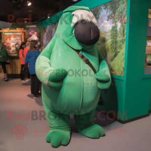 Forest Green Walrus mascot costume character dressed with a Leggings and Mittens