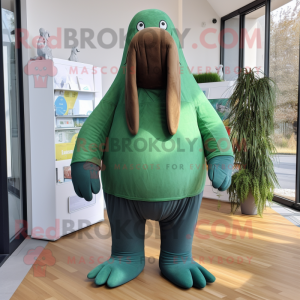 Forest Green Walrus mascot costume character dressed with a Leggings and Mittens