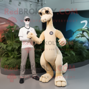 Beige Brachiosaurus mascot costume character dressed with a Polo Shirt and Smartwatches