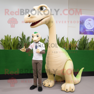 Beige Brachiosaurus mascot costume character dressed with a Polo Shirt and Smartwatches