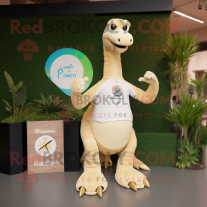Beige Brachiosaurus mascot costume character dressed with a Polo Shirt and Smartwatches