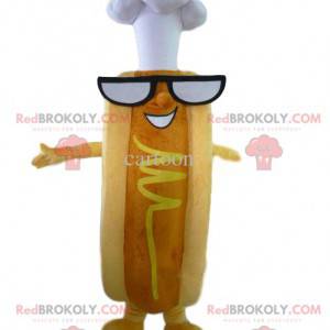 Mosterd hotdog mascotte met een koksmuts - Redbrokoly.com