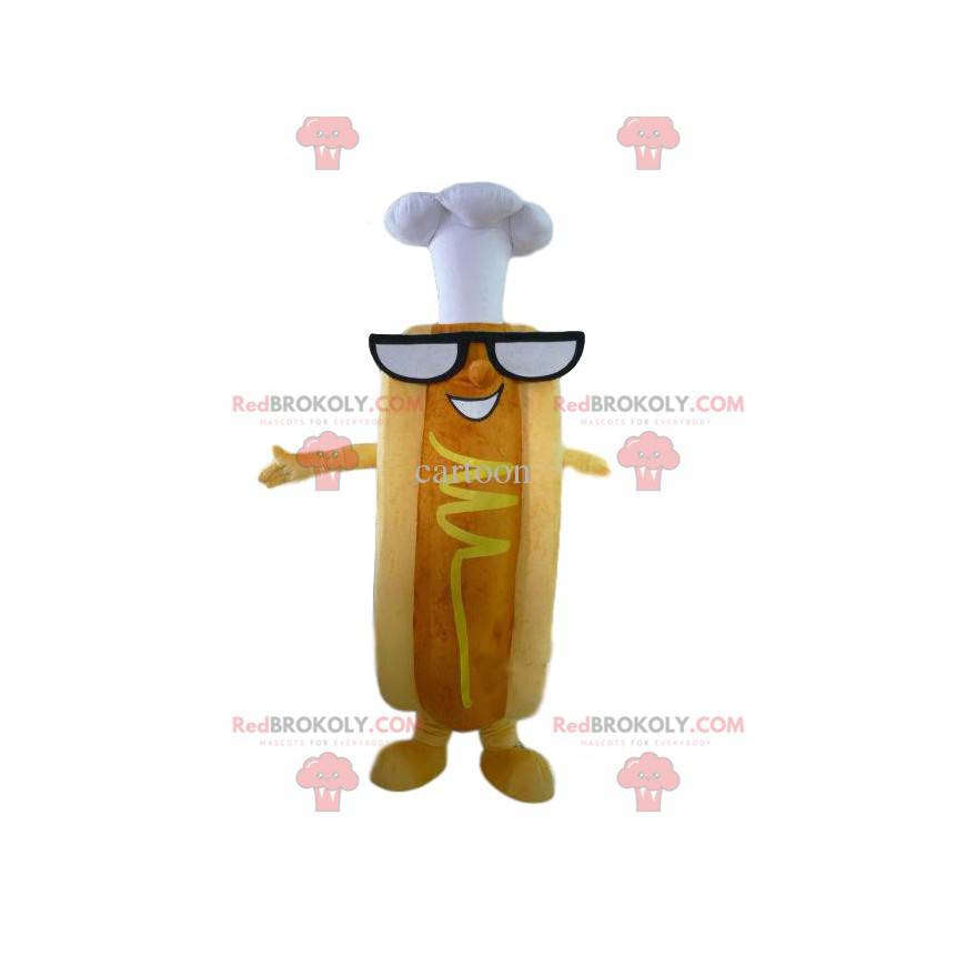 Mascote de cachorro-quente com mostarda e chapéu de chef -