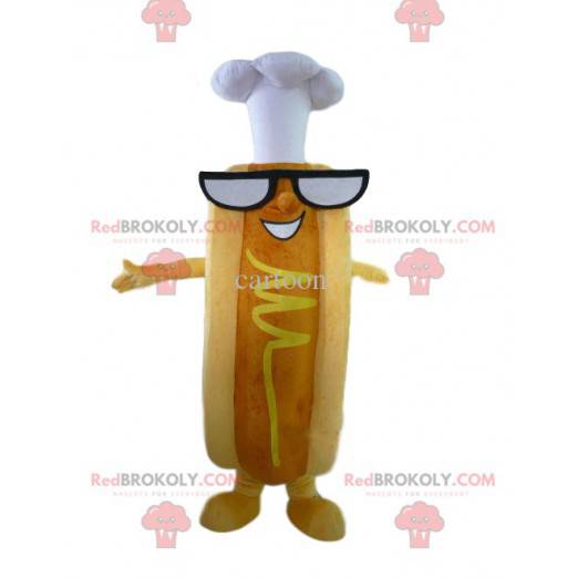 Mascote de cachorro-quente com mostarda e chapéu de chef -