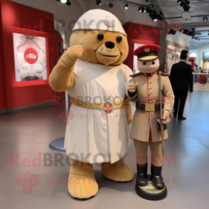 Beige British Royal Guard mascot costume character dressed with a Playsuit and Watches