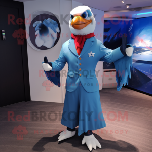 Blue Seagull mascot costume character dressed with a Suit and Bracelets