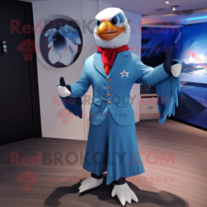 Blue Seagull mascot costume character dressed with a Suit and Bracelets