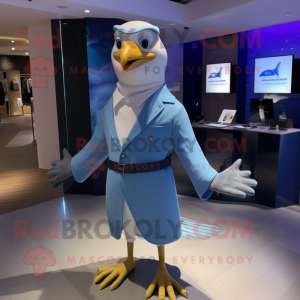 Blue Seagull mascot costume character dressed with a Suit and Bracelets