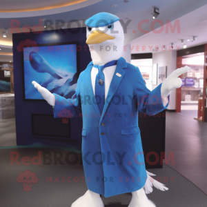 Blue Seagull mascot costume character dressed with a Suit and Bracelets