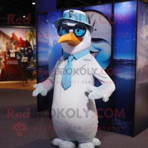 Blue Seagull mascot costume character dressed with a Suit and Bracelets