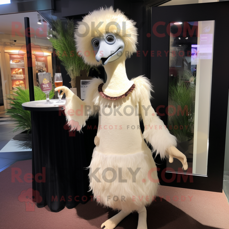 Cream Ostrich mascot costume character dressed with a Cocktail Dress and Messenger bags