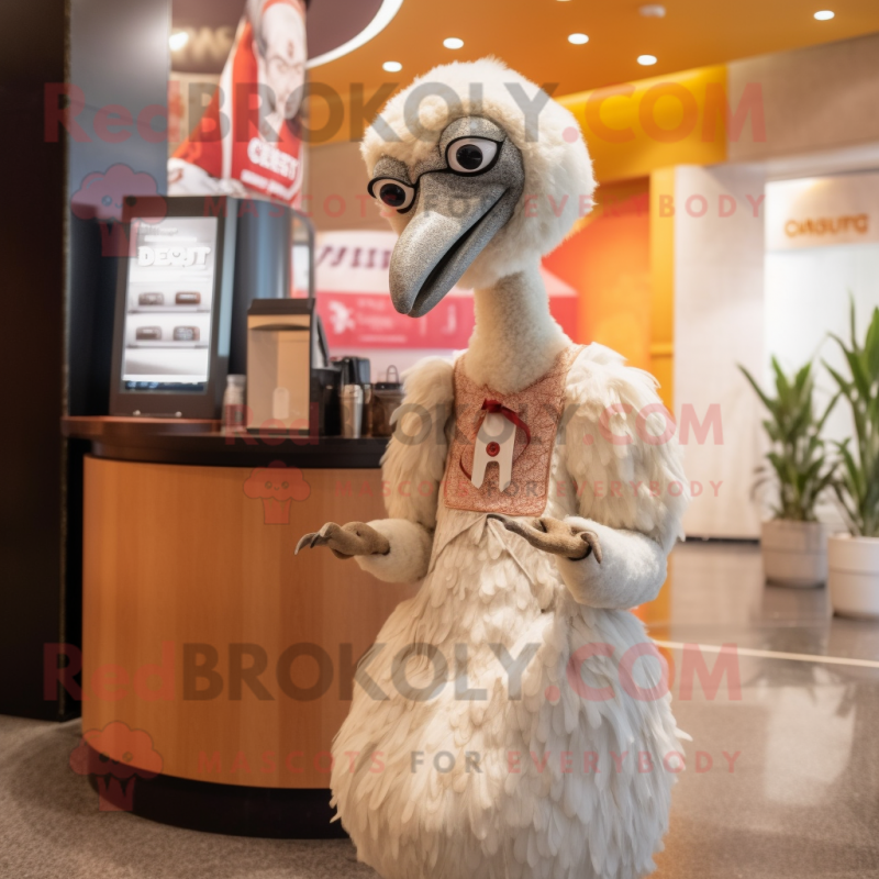 Cream Ostrich mascot costume character dressed with a Cocktail Dress and Messenger bags