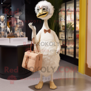 Cream Ostrich mascot costume character dressed with a Cocktail Dress and Messenger bags