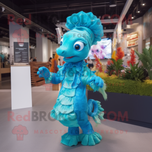 Turquoise Seahorse mascot costume character dressed with a Wrap Skirt and Caps