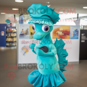 Turquoise Seahorse mascot costume character dressed with a Wrap Skirt and Caps