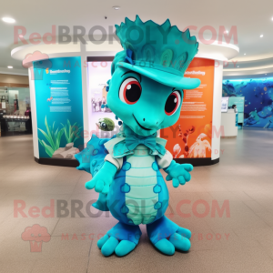 Turquoise Seahorse mascot costume character dressed with a Wrap Skirt and Caps