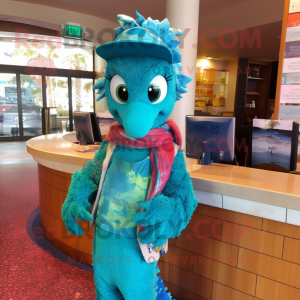 Turquoise Seahorse mascot costume character dressed with a Wrap Skirt and Caps