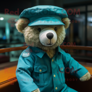 Teal Teddy Bear mascot costume character dressed with a Playsuit and Hat pins