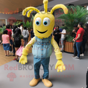Lemon Yellow Shrimp Scampi mascot costume character dressed with a Denim Shirt and Anklets