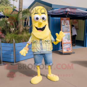 Lemon Yellow Shrimp Scampi mascot costume character dressed with a Denim Shirt and Anklets