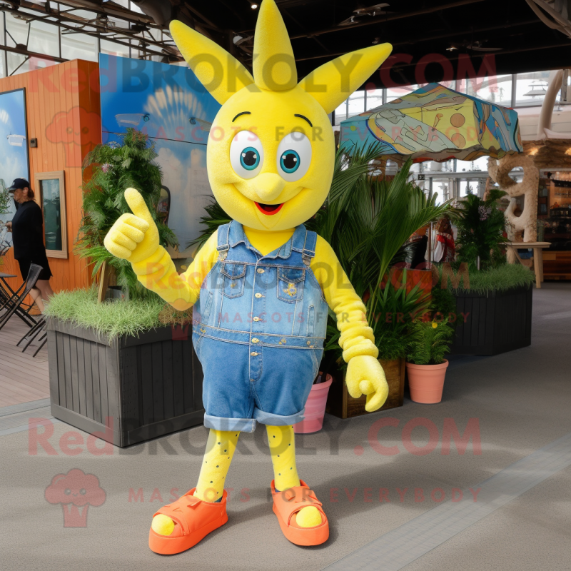 Lemon Yellow Shrimp Scampi mascot costume character dressed with a Denim Shirt and Anklets