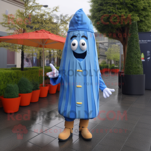 Blue French Fries mascot costume character dressed with a Raincoat and Tie pins