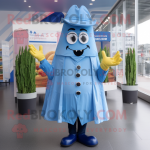 Blue French Fries mascot costume character dressed with a Raincoat and Tie pins