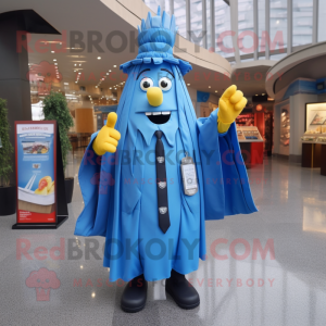 Blue French Fries mascot costume character dressed with a Raincoat and Tie pins