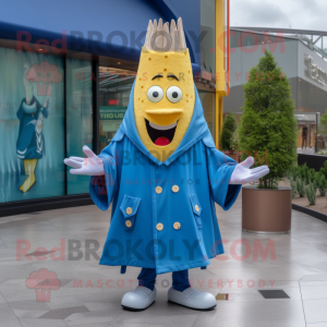 Blue French Fries mascot costume character dressed with a Raincoat and Tie pins