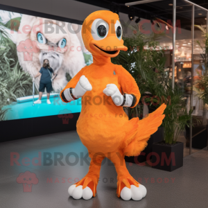 Orange Swan mascot costume character dressed with a Jeggings and Smartwatches