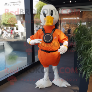 Orange Swan mascot costume character dressed with a Jeggings and Smartwatches