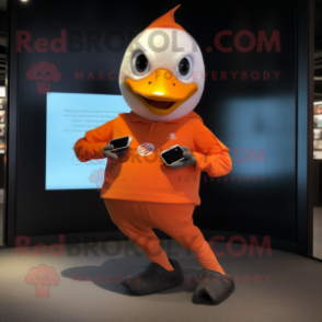 Orange Swan mascot costume character dressed with a Jeggings and Smartwatches