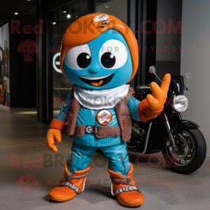 Cyan Orange mascot costume character dressed with a Moto Jacket and Shawl pins
