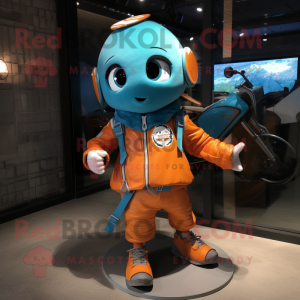 Cyan Orange mascot costume character dressed with a Moto Jacket and Shawl pins