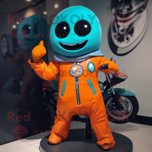 Cyan Orange mascot costume character dressed with a Moto Jacket and Shawl pins