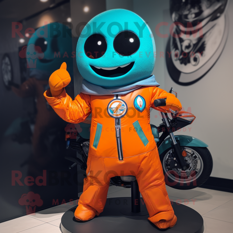 Cyan Orange mascot costume character dressed with a Moto Jacket and Shawl pins Cyan Orange mascot costume character dressed with a Moto Jacket and Shawl pins
