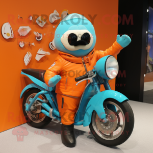 Cyan Orange mascot costume character dressed with a Moto Jacket and Shawl pins