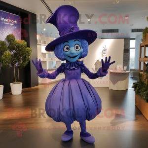 Lavender Acrobat mascot costume character dressed with a Evening Gown and Hats